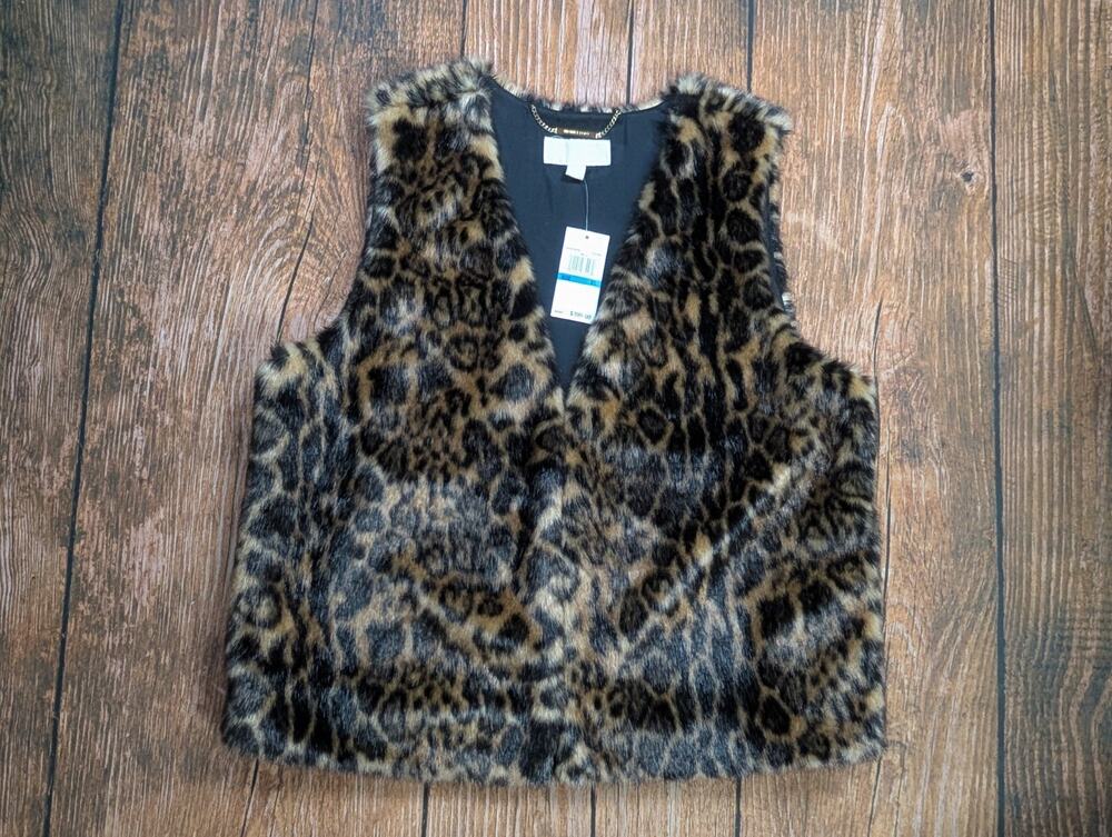 Michael Kors Women's Brown & Black Leopard Print Faux Fur Vest XL NWT MSRP $300.